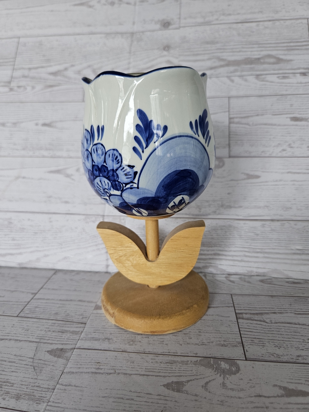 Decorative Blue and White Ceramic Tulip Vase - Home Art vintage